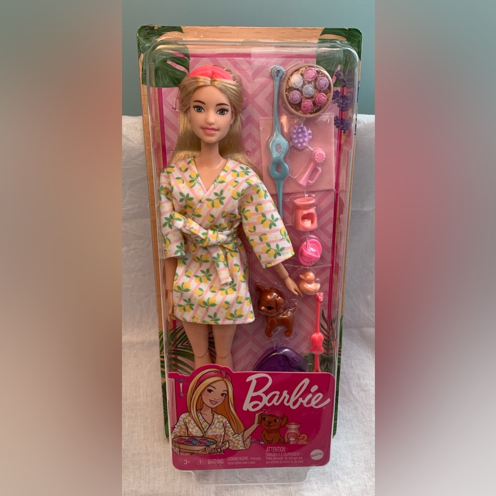NIB Barbie Self-Care Posable Doll, Blonde Spa Day Doll in Bathrobe with Puppy
